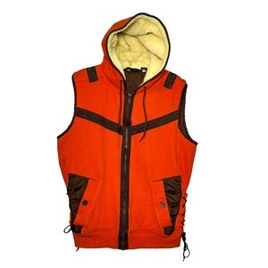 Sean John Hooded Sherpa Lined Vest Orange Brown Men’s L Streetwear Fleece Zip